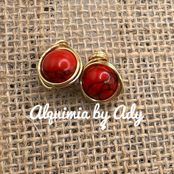10mm gold red turquoise colorful stud earrings - Picture 1 of 1